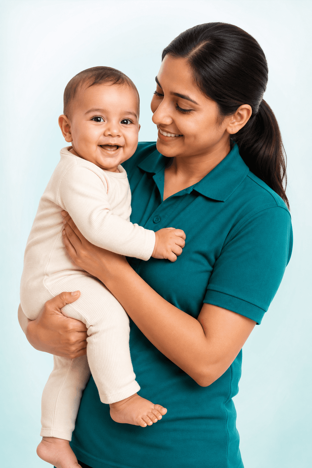 FamCare caregiver holding a smiling baby